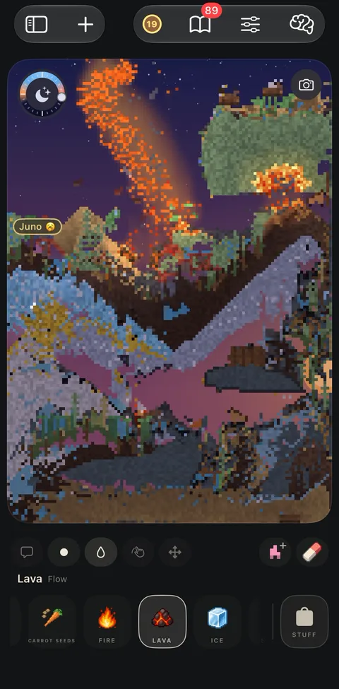 Lava pouring down a built-up world at night