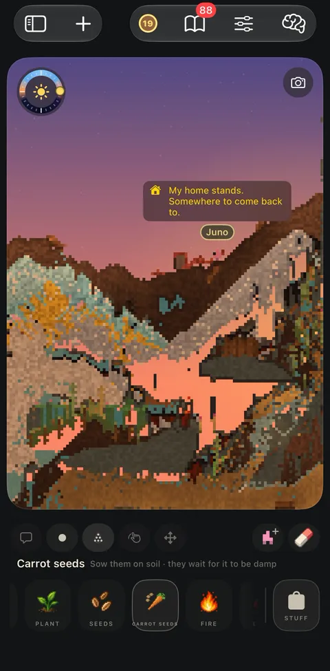 Juno’s home at dusk, built into a hillside: “My home stands. Somewhere to come back to.”