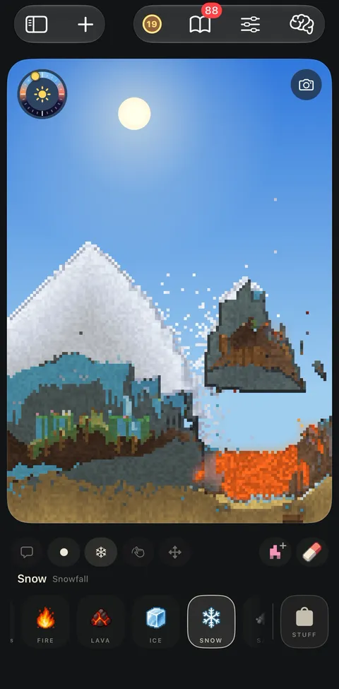 A snowy mountain beside a lava fall
